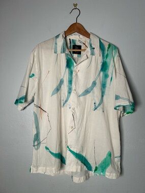 Res Ipsa Short-Sleeve Cream Button-Down Camp Shirt w/ Teal & Green Brushstrokes